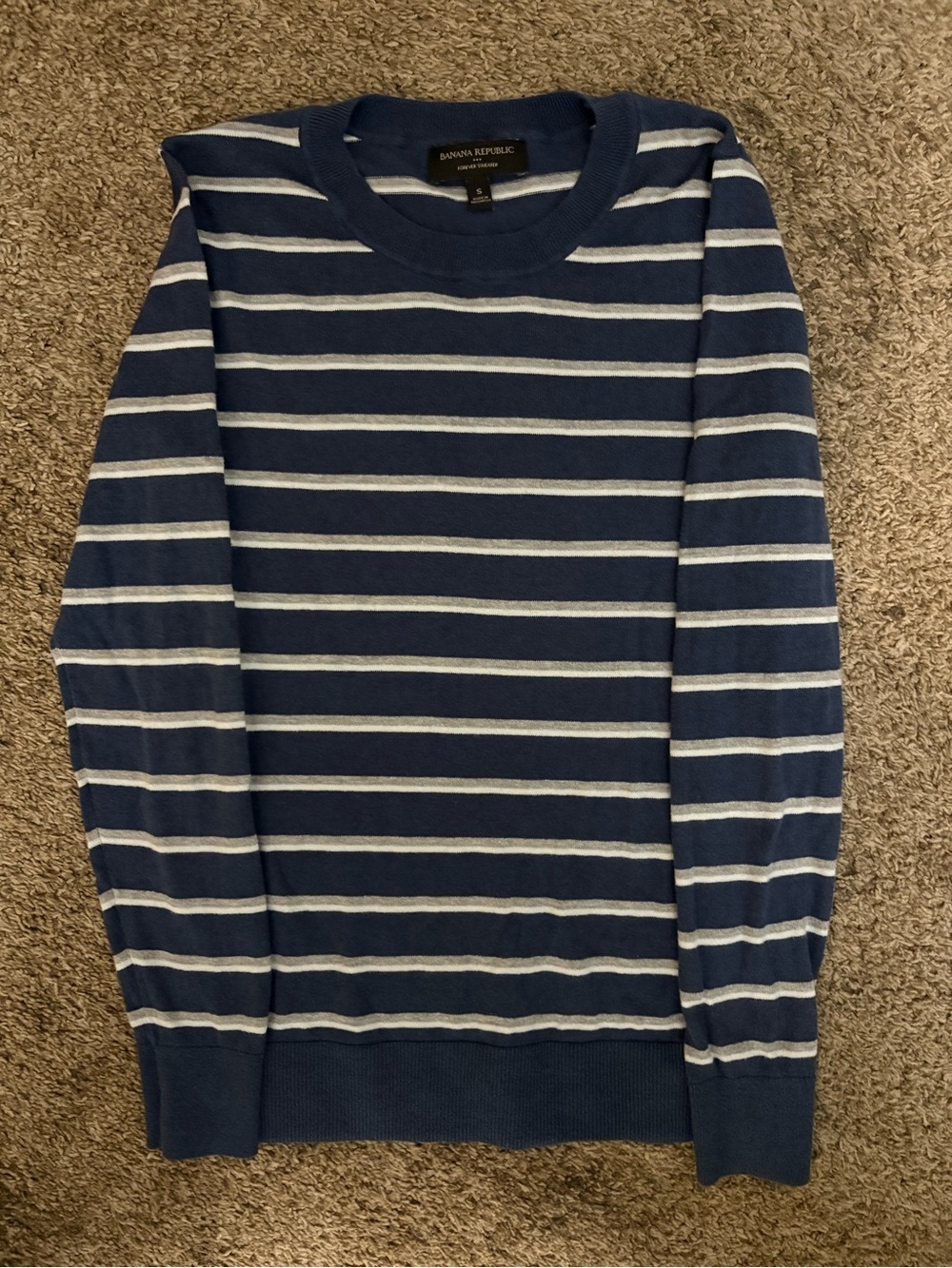 Banana Republic Navy and White Striped Crewneck Sweater